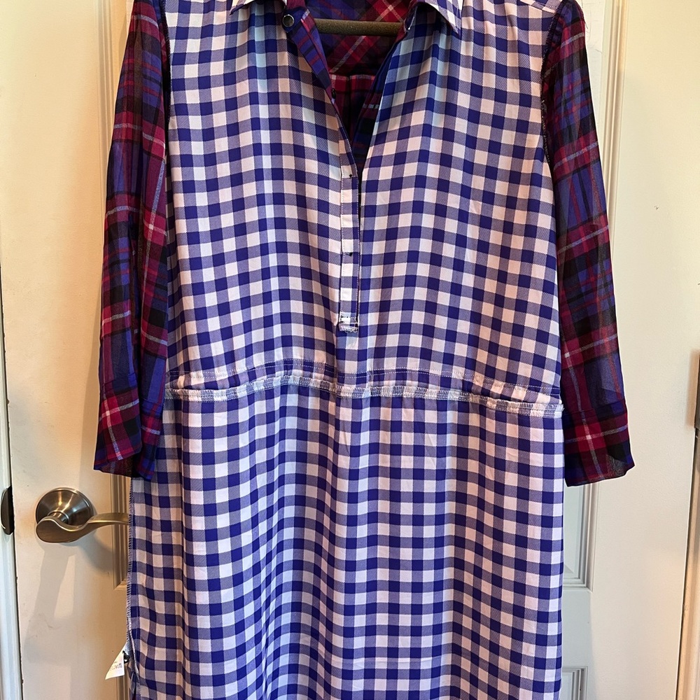 Adrianna Papell Plaid Drawstring Waist Dress Purple Blue Large 12 14 16 - Picture 13 of 14